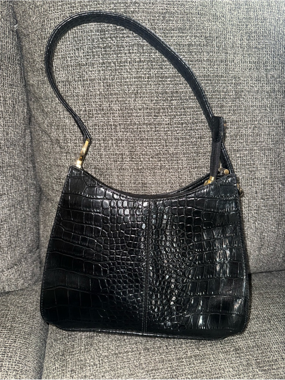 Classic Black Croc-Embossed Shoulder Bag